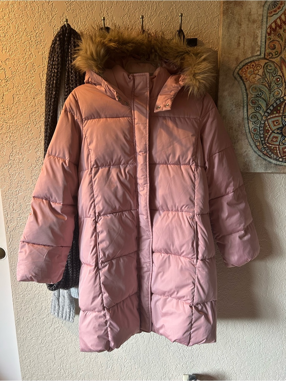 GAP Kids Dusty Pink Long Puffer Coat with Faux Fur Trim